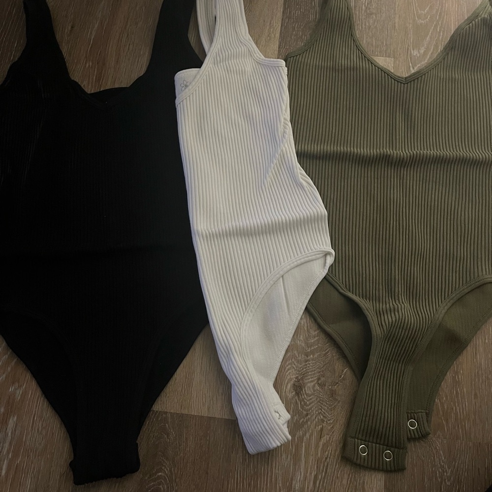 Ribbed Bodysuit Trio in Black, White, and Olive